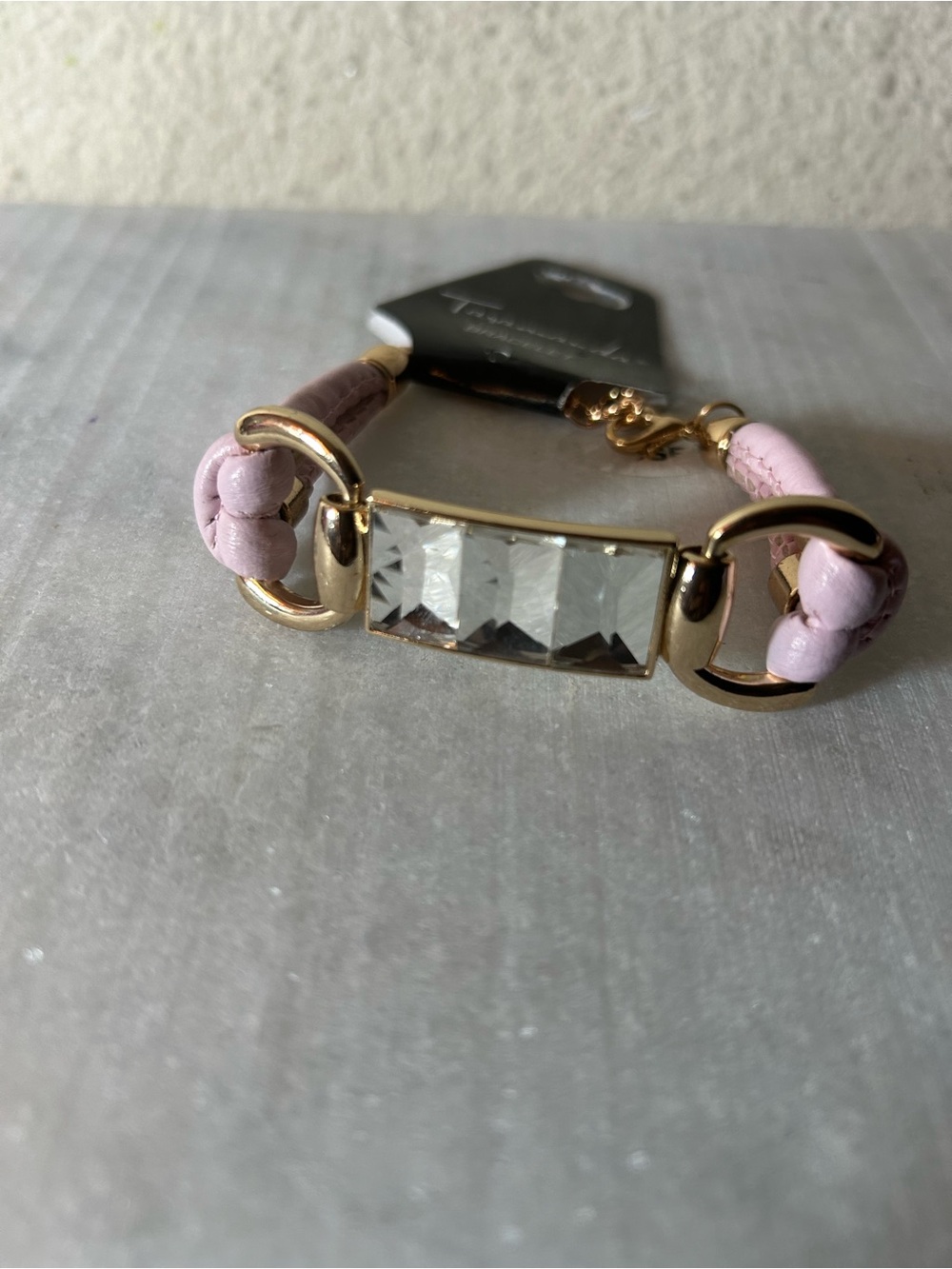 Gold-Tone Bracelet with Pink Braided Band and Clear Crystal Accent